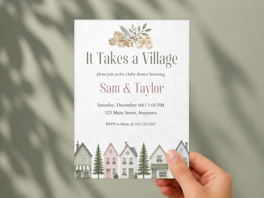 A printed It Takes a Village baby shower invitation held in a hand