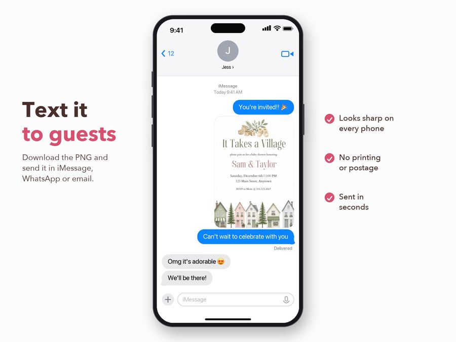 The same It Takes a Village invitation sent as a text message