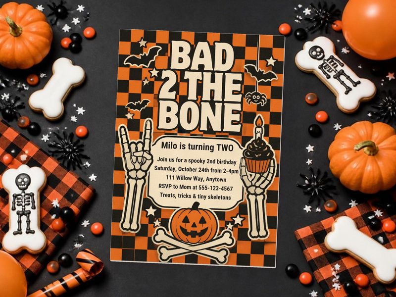 Bad 2 the Bone halloween 2nd birthday invitation