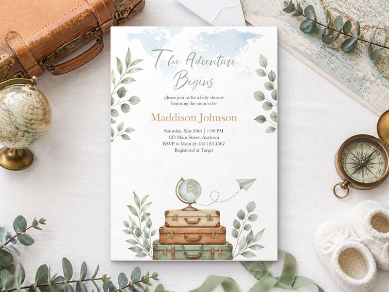 The Adventure Begins baby shower invitation