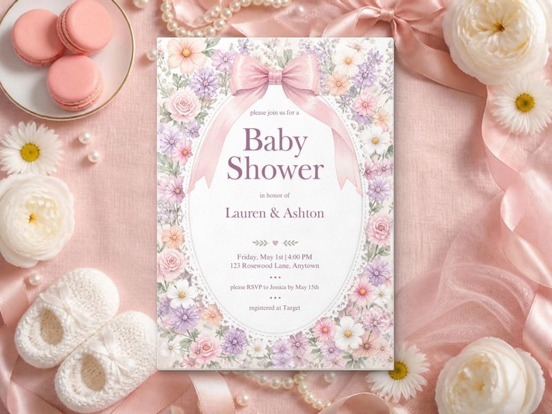 Ditsy Floral Bow baby shower invitation