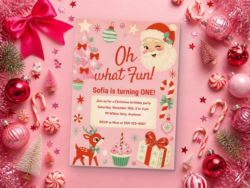 Oh What Fun ONE, Retro Collage christmas 1st birthday invitation