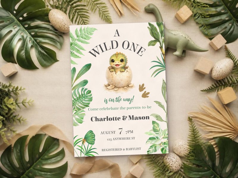Dino Wild One baby shower invitation