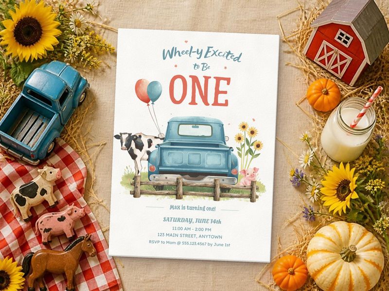 Wheel-y Excited to Be ONE farm 1st birthday invitation