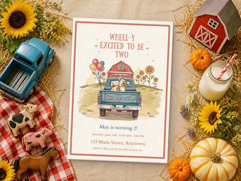Wheel-y Excited to Be TWO farm 2nd birthday invitation