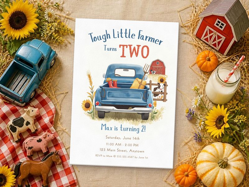 Tough Little Farmer Turns TWO farm 2nd birthday invitation