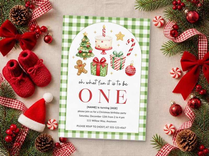 Oh What Fun ONE, Green Gingham christmas 1st birthday invitation