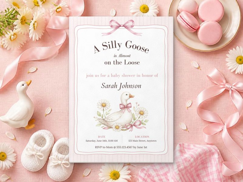Silly Goose, Pink Bow baby shower invitation