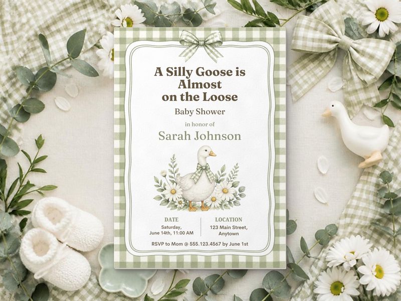 Silly Goose, Sage Plaid baby shower invitation