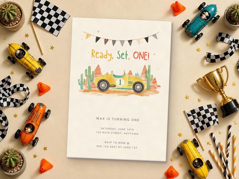 Ready, Set, ONE race car 1st birthday invitation