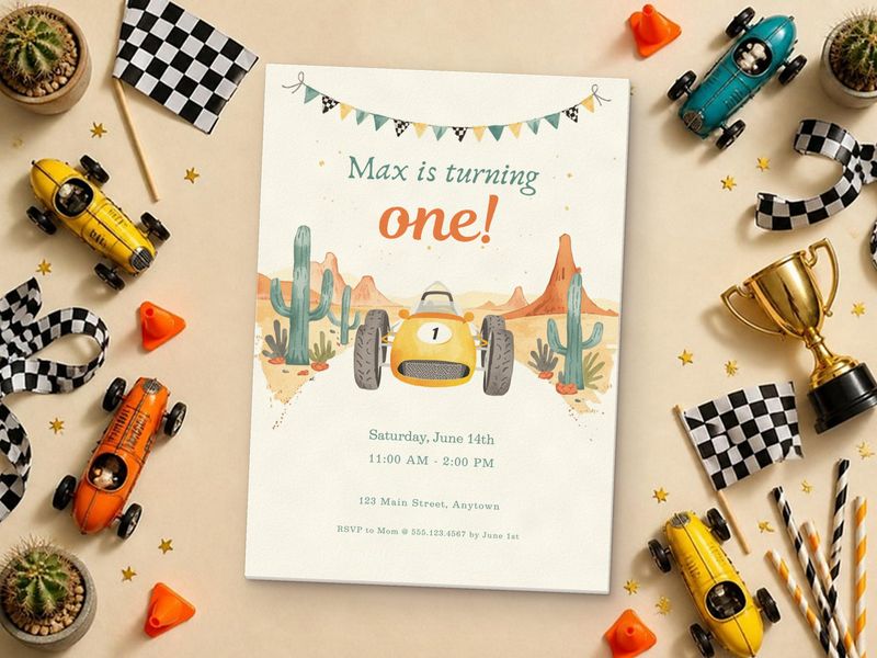Start Your Engines ONE race car 1st birthday invitation