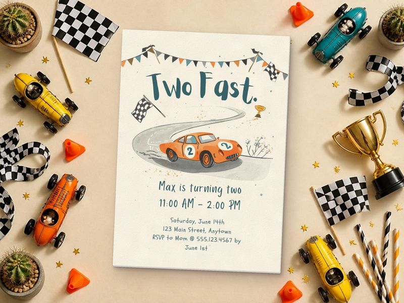 Two Fast, Winding Road race car 2nd birthday invitation