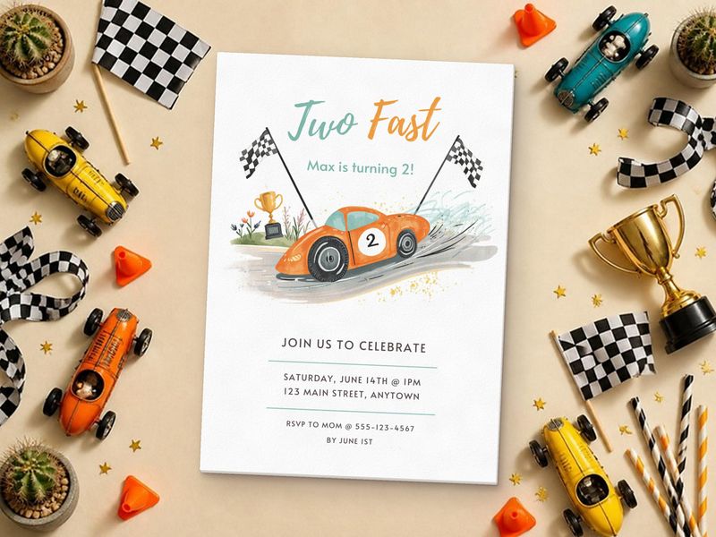 Two Fast, Checkered Flags race car 2nd birthday invitation