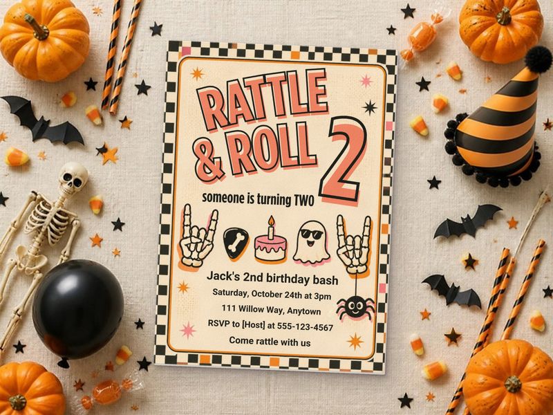 Rattle & Roll 2 halloween 2nd birthday invitation