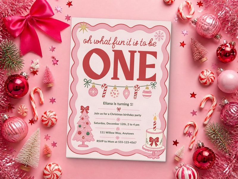 Oh What Fun ONE, Pink Scallop christmas 1st birthday invitation