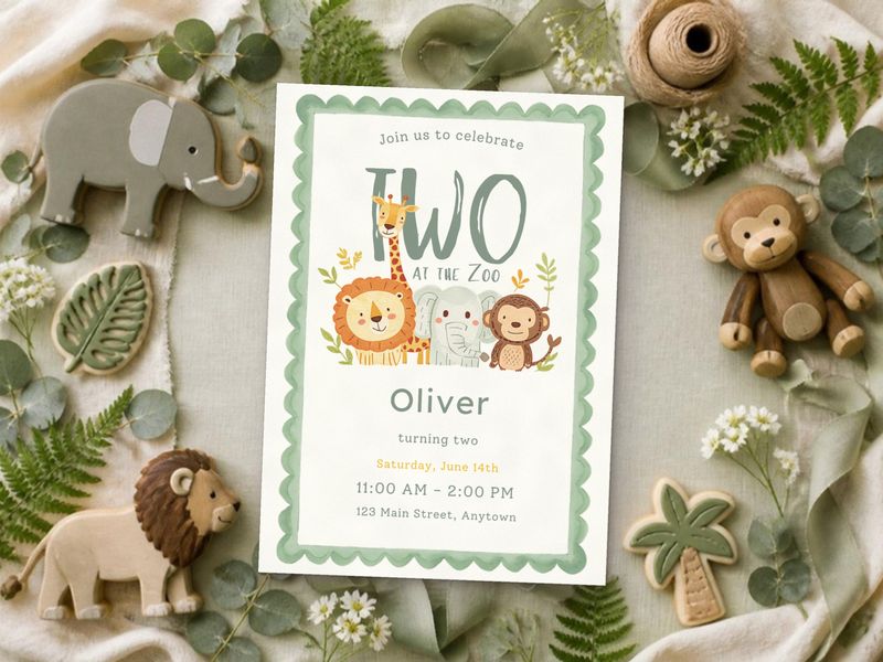 TWO at the Zoo, Sage zoo 2nd birthday invitation